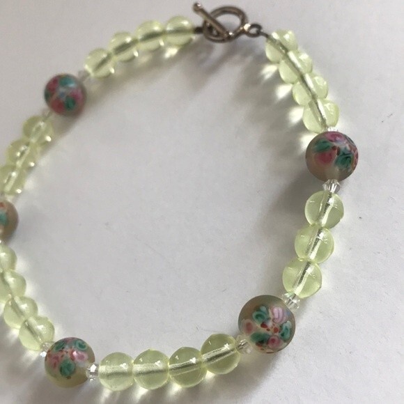 Vintage Hand Painted Flower Frosted Glass Beads Lemon Silver Clasp Bracelet 8 In - Picture 5 of 8
